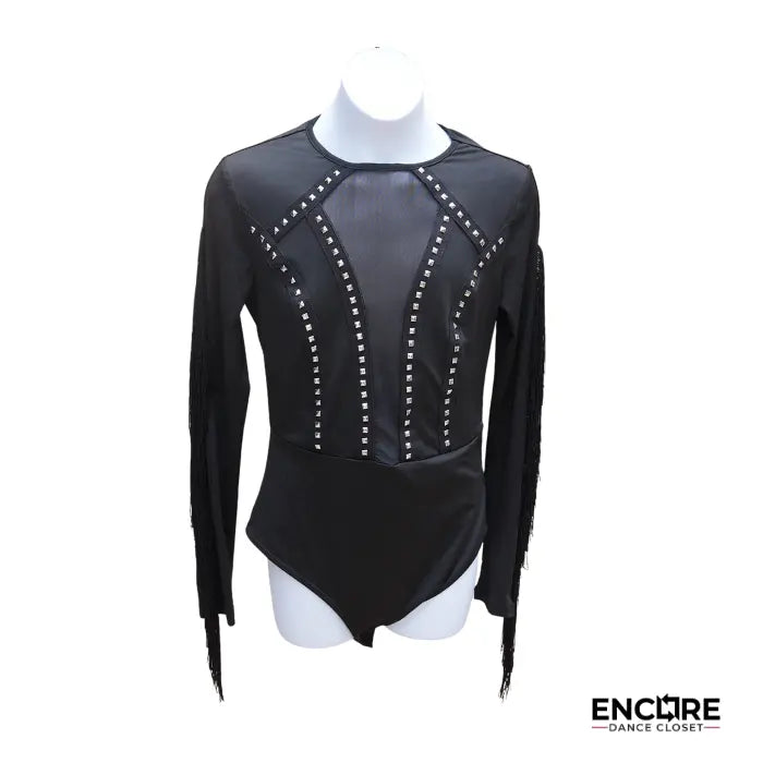 Black Fringe & Studded Mesh Long-Sleeve Leo  leotard