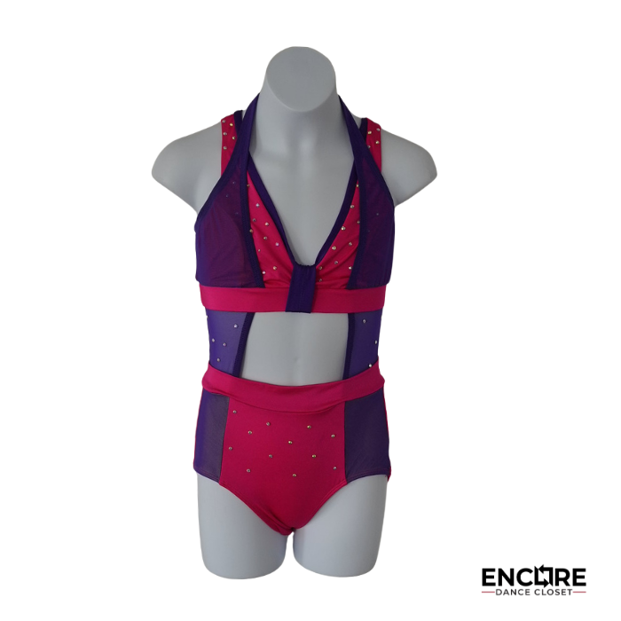 Pink and Purple Mesh Two-Piece with Rhinestone Detail  leotard