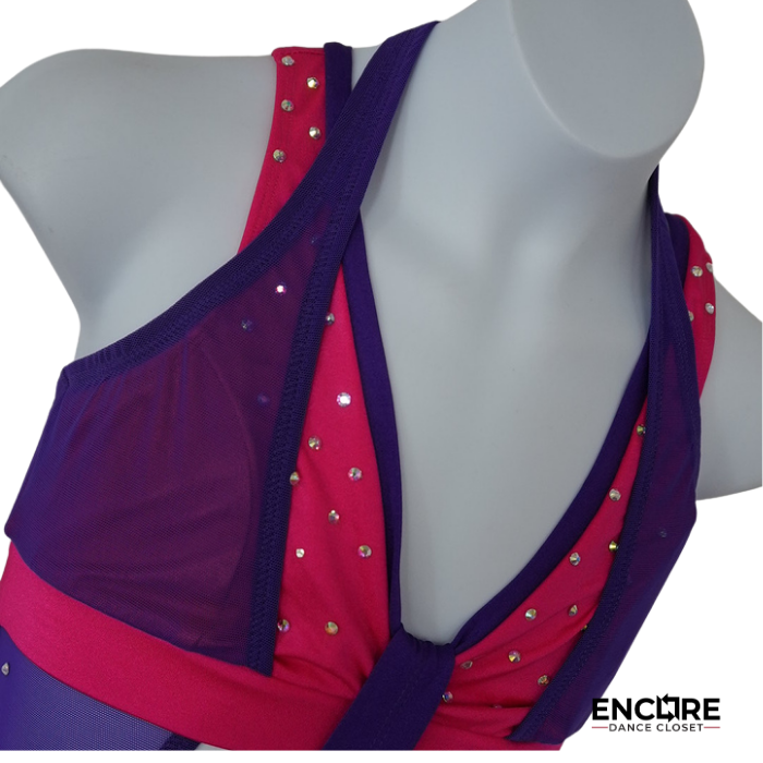 Pink and Purple Mesh Two-Piece with Rhinestone Detail  leotard