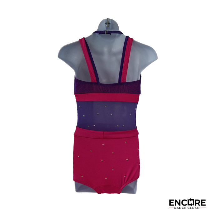 Pink and Purple Mesh Two-Piece with Rhinestone Detail  leotard