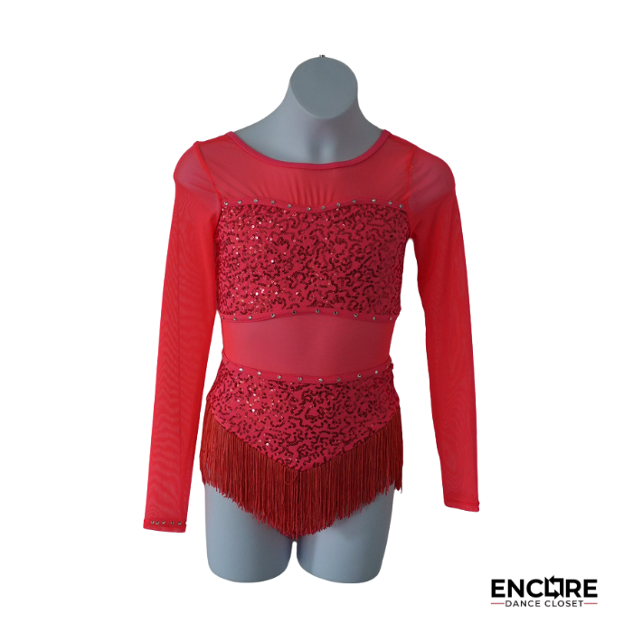 Red Long Sleeve Costume with Fringe and Sequin Detail  leotard