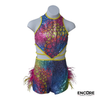 Rainbow Sequin Jazz Costume with Feathered Skirt  leotard