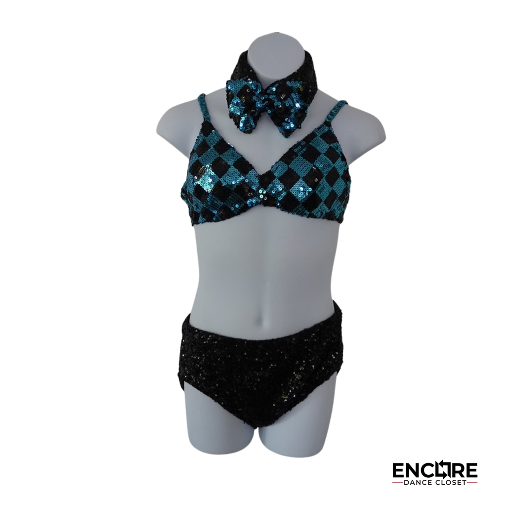 Teal & Black Sequin Checkered Costume Set  two piece