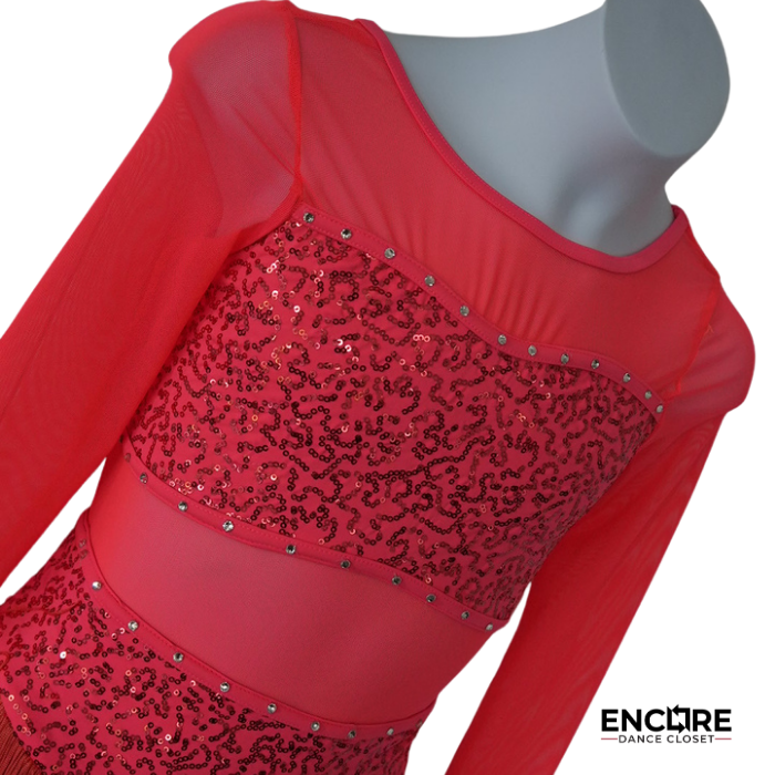 Red Long Sleeve Costume with Fringe and Sequin Detail  leotard