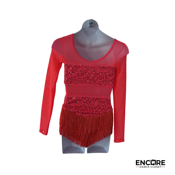 Red Long Sleeve Costume with Fringe and Sequin Detail  leotard