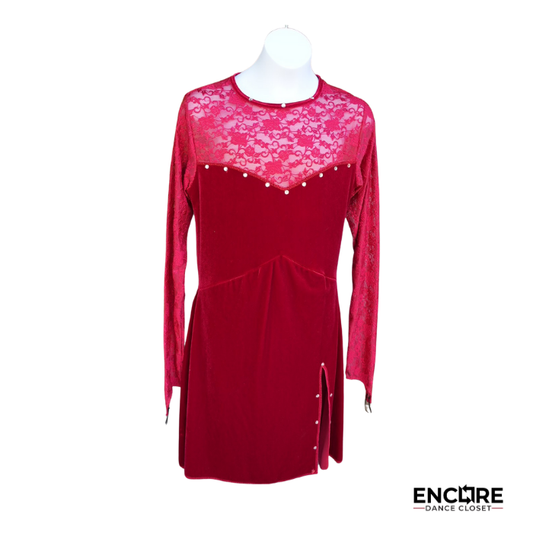 Red Velvet Dress with Lace and Glove Sleeves