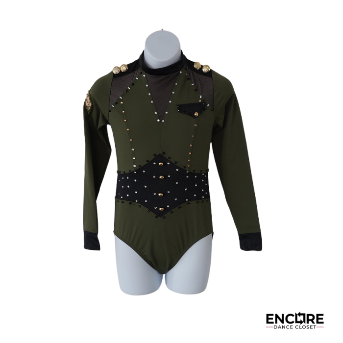 Olive Military-Inspired Leotard with Mesh Detail and Rhinestones  leotard