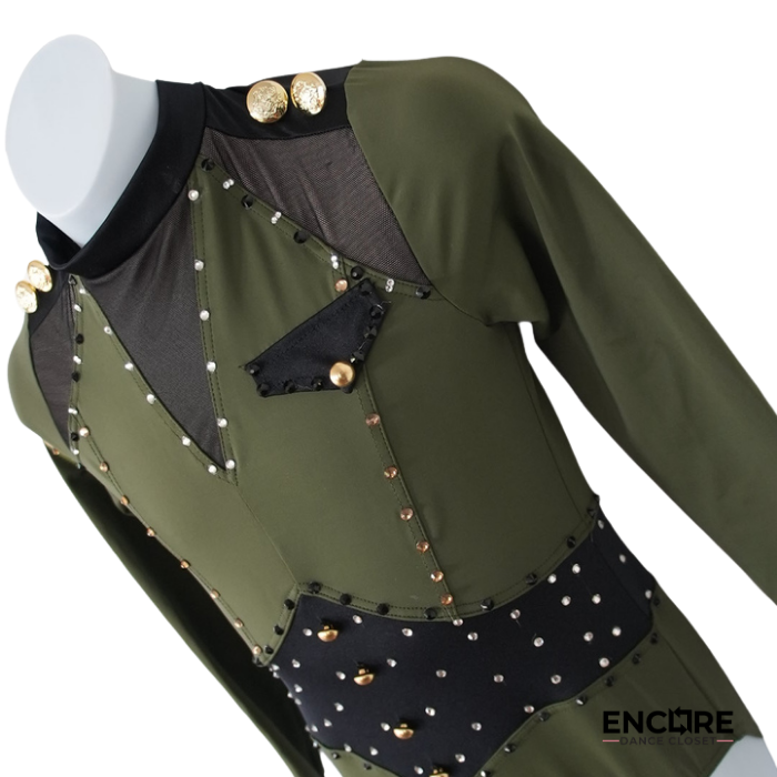 Olive Military-Inspired Leotard with Mesh Detail and Rhinestones  leotard