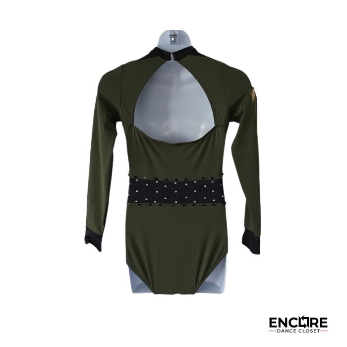 Olive Military-Inspired Leotard with Mesh Detail and Rhinestones  leotard