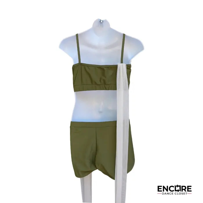 Olive Green Set with Flowing Mesh Panels  two piece