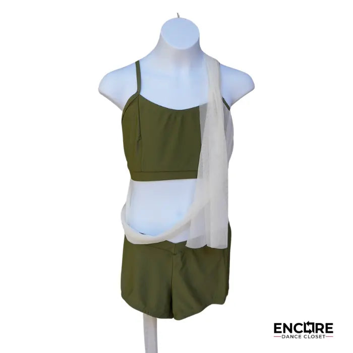 Olive Green Set with Flowing Mesh Panels  two piece