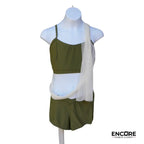 Olive Green Set with Flowing Mesh Panels  two piece