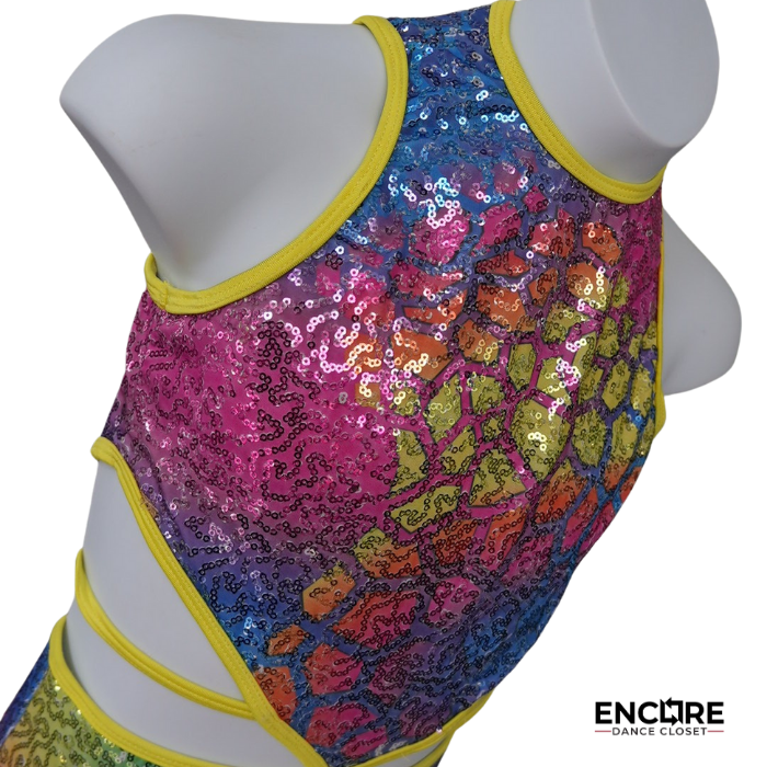 Rainbow Sequin Jazz Costume with Feathered Skirt  leotard