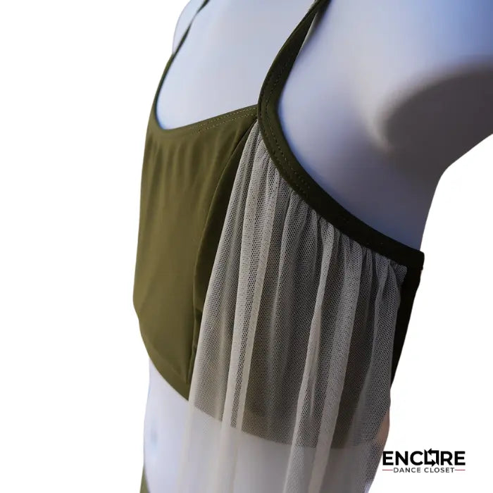 Olive Green Set with Flowing Mesh Panels  two piece