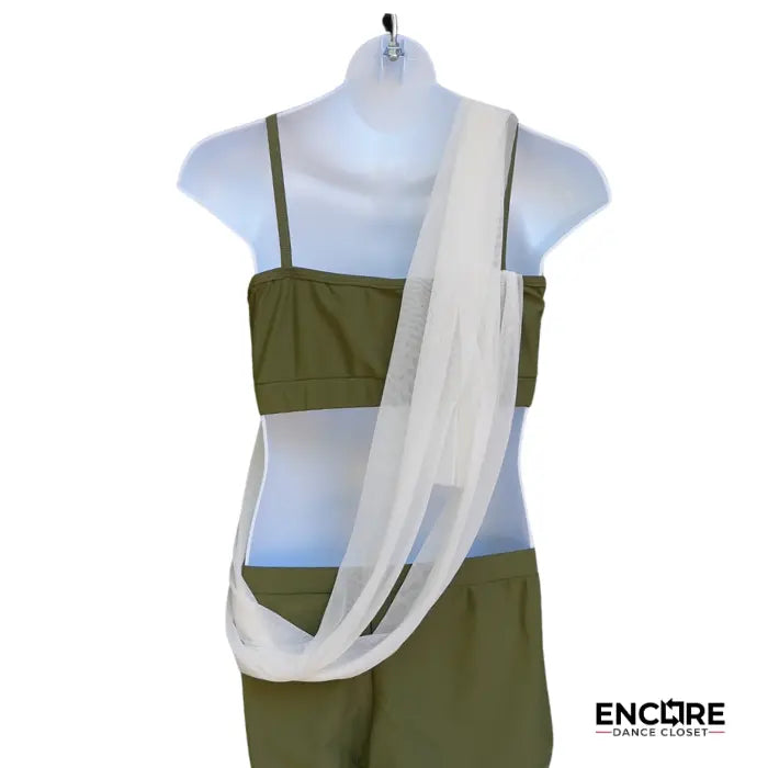 Olive Green Set with Flowing Mesh Panels  two piece