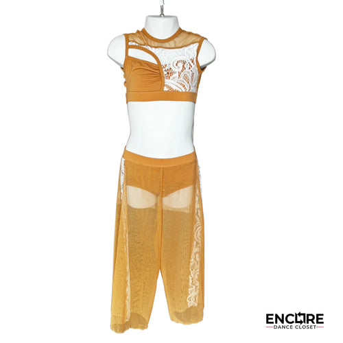 Elegant Two-Piece Nude and White Lace Costume - two-piece dance costume