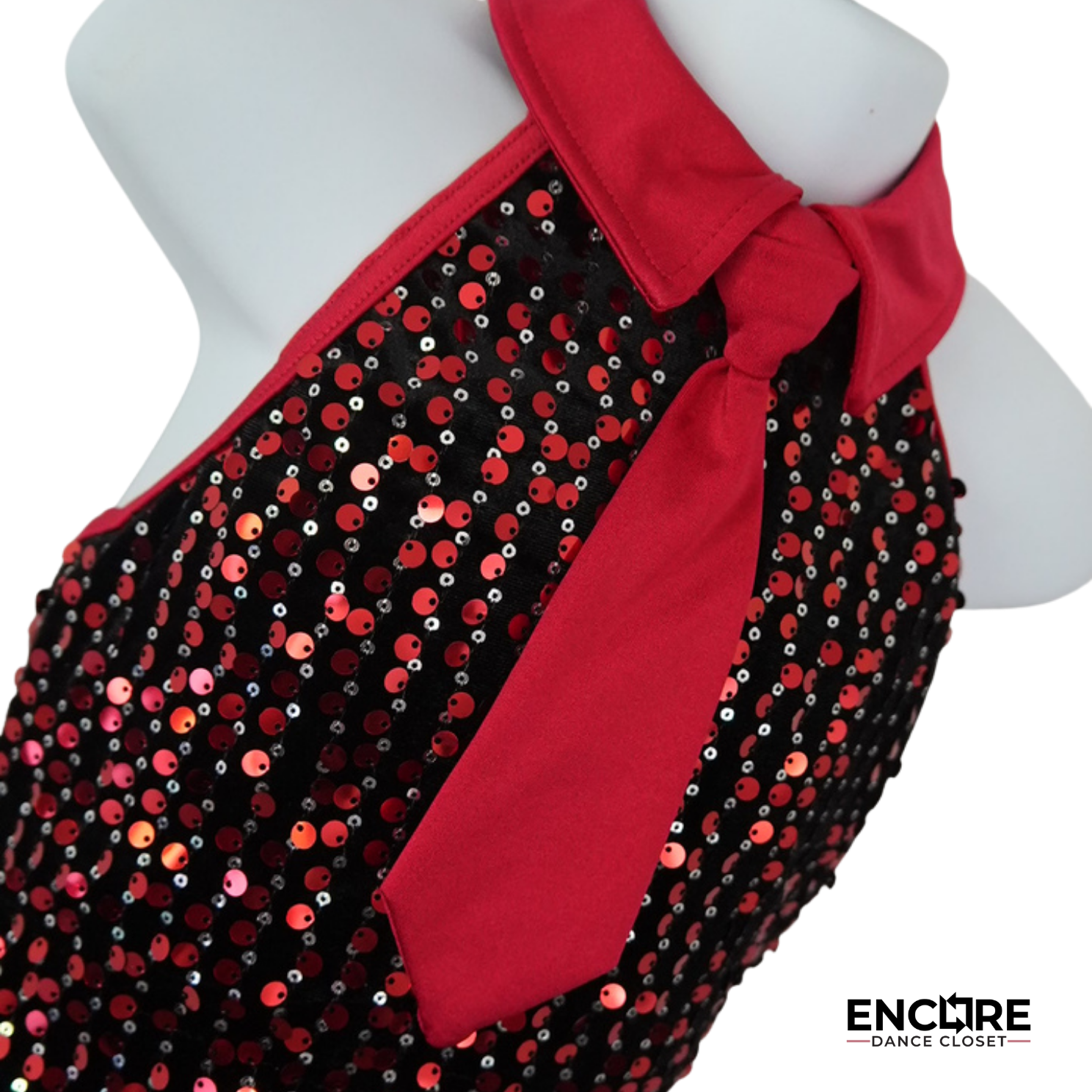 Red & Black Sequin Halter Costume with Tie Detail  leotard