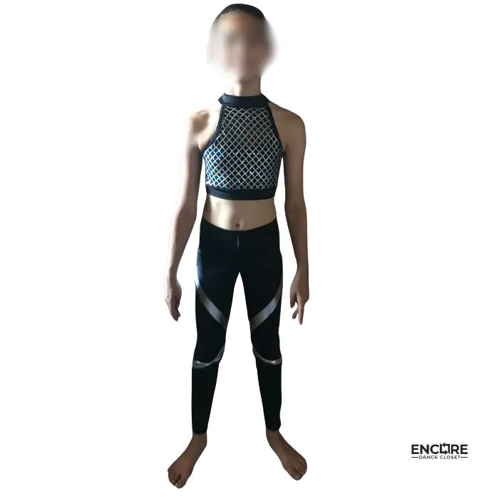 Silver Grid Crop & Black Pants  two piece