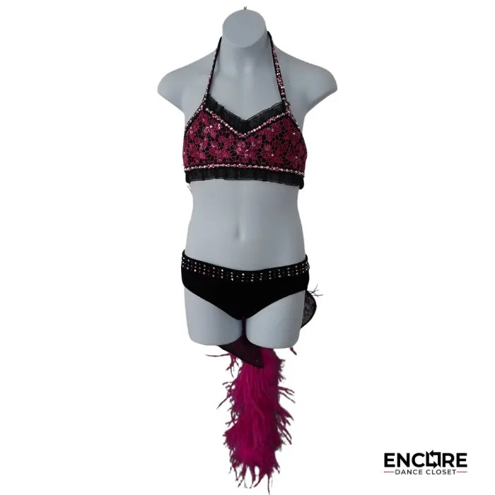 Pink & Black Lace Jazz Set with Feather Accent  two piece
