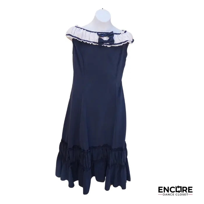 Blue Dress with White Neck and Bow Details 