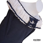 Blue Dress with White Neck and Bow Details 
