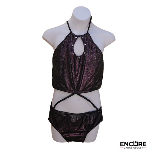 Black and Purple Foil Two-Piece with Keyhole Neckline