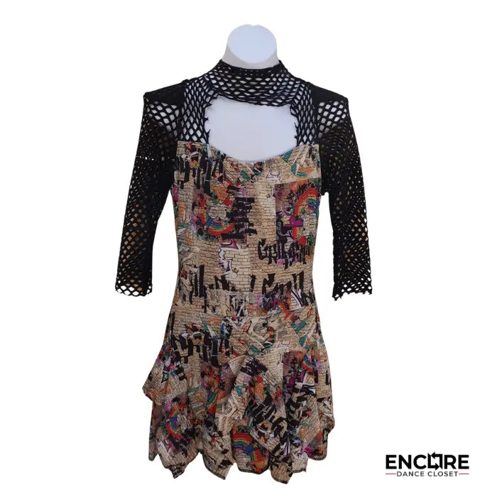 Graffiti-Print Lycra Dress with Fishnet Accent 