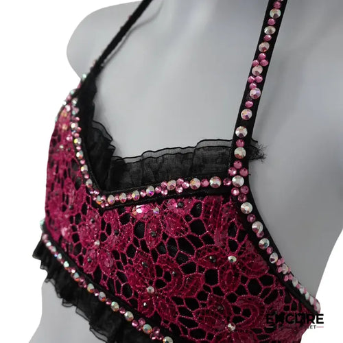 Pink & Black Lace Jazz Set with Feather Accent  two piece