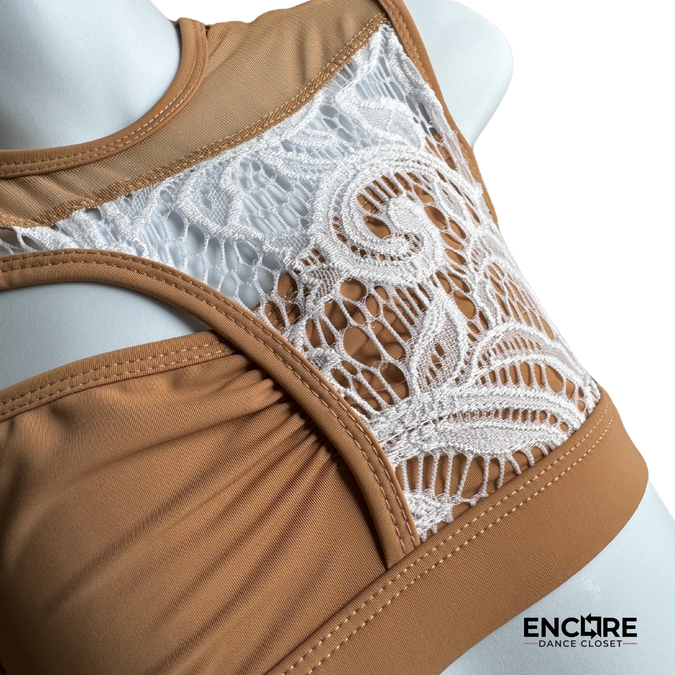 Elegant Two-Piece Nude and White Lace Costume - Encore Dance Closet