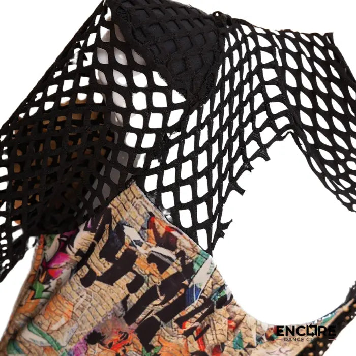 Graffiti-Print Lycra Dress with Fishnet Accent 