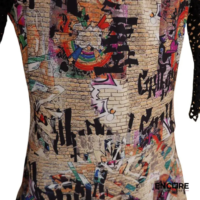 Graffiti-Print Lycra Dress with Fishnet Accent 
