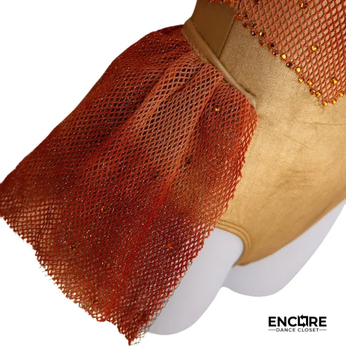 Gold Leotard with Orange Rhinestones and Mesh Skirt  leotard