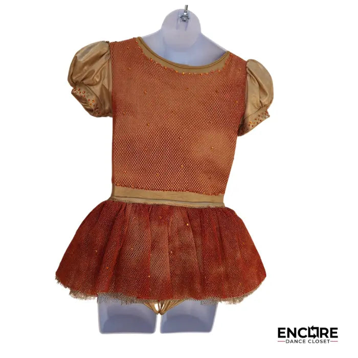Gold Leotard with Orange Rhinestones and Mesh Skirt  leotard