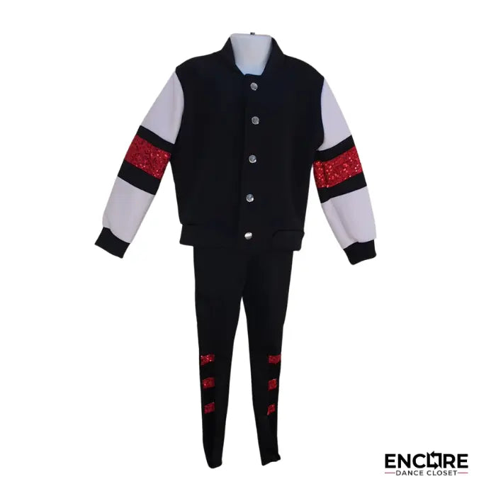 Black Leggings with Red Sequin Straps and Bomber Jacket  two piece