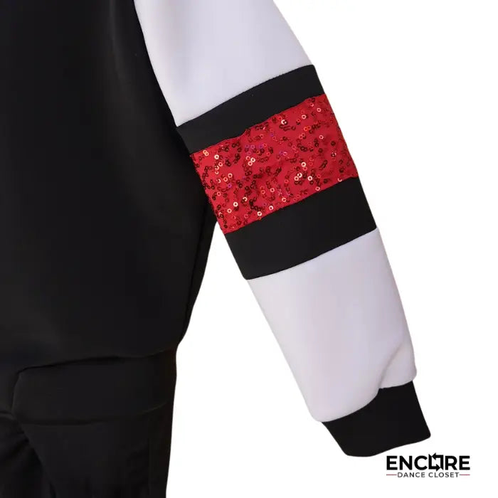 Black Leggings with Red Sequin Straps and Bomber Jacket  two piece