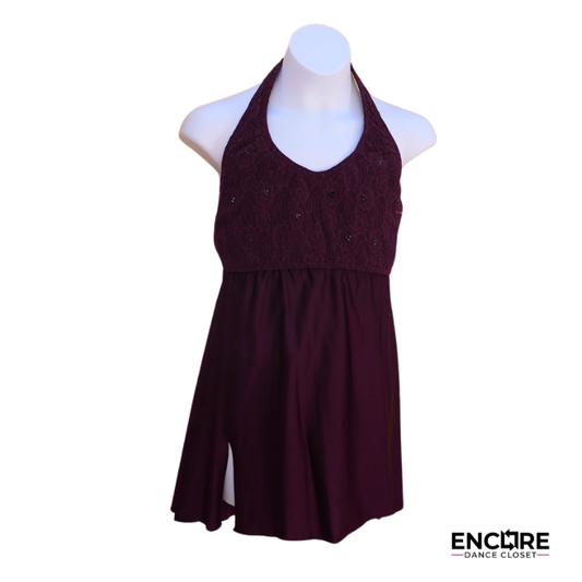 Burgundy Halter Dress with Lace and Lycra