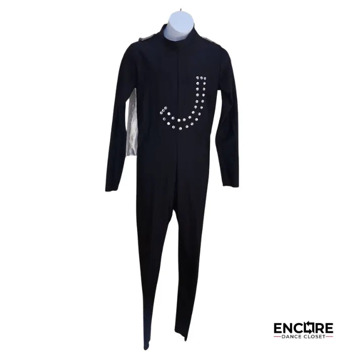 Black Unitard with Rhinestone J and Silver Cape  unitard