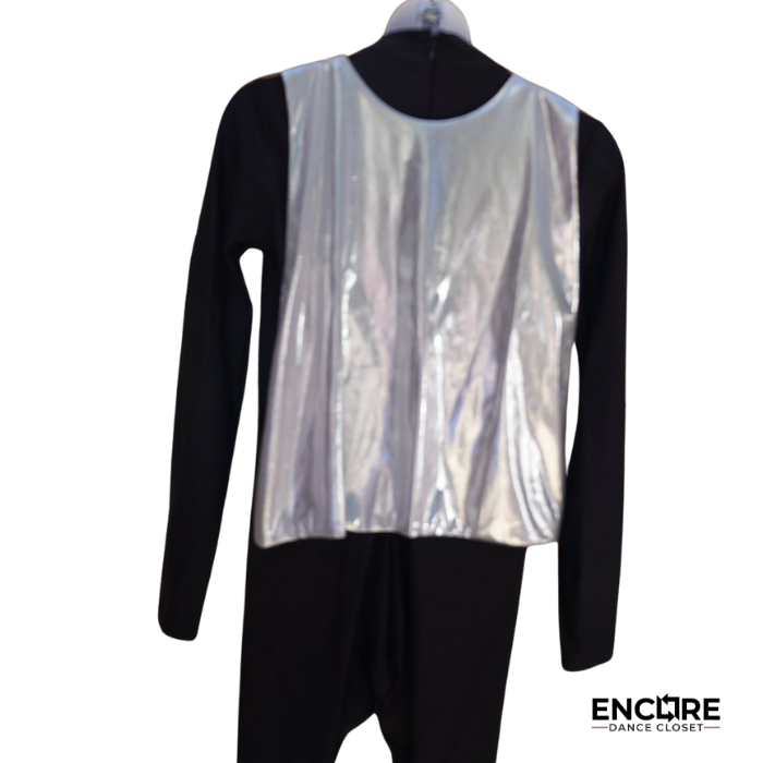 Black Unitard with Rhinestone J and Silver Cape