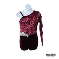 Burgundy Sequin Asymmetrical Contemporary Biketard with Mesh Sleeve  biketard