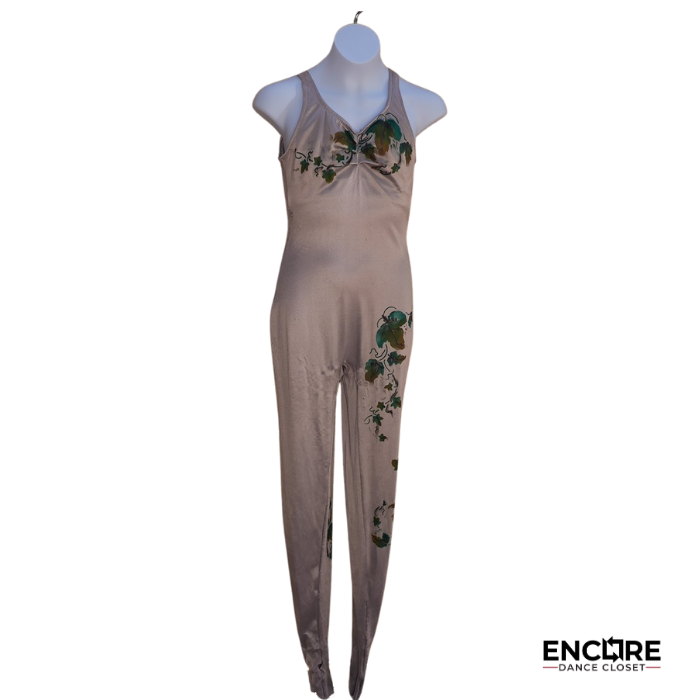 Shiny Champagne Unitard with Leaf Print