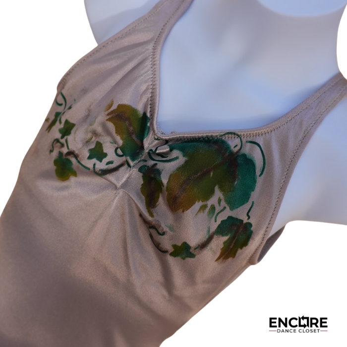 Shiny Champagne Unitard with Leaf Print