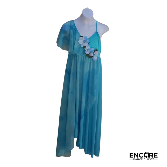 Turquoise Tie-Dye Leotard Dress with Flower Detail  dress