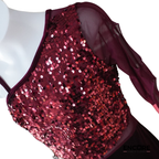 Burgundy Sequin Asymmetrical Contemporary Biketard with Mesh Sleeve  biketard