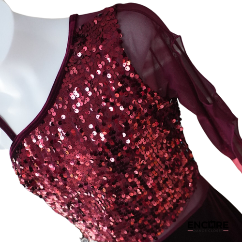 Burgundy Sequin Asymmetrical Contemporary Biketard with Mesh Sleeve  biketard