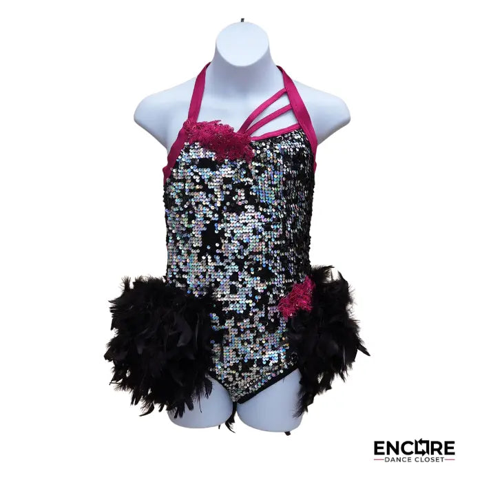 Hot Pink & Black Sequin Feather Leotard  leotard