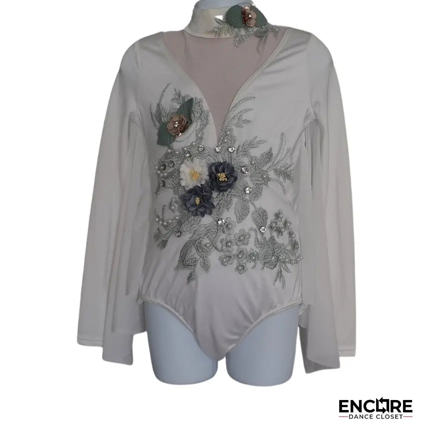 White Leotard with Sage Appliqué  leotard