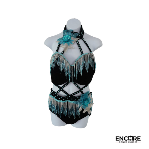 Black Velvet & Turquoise Beaded Fringe Dance Costume  two piece