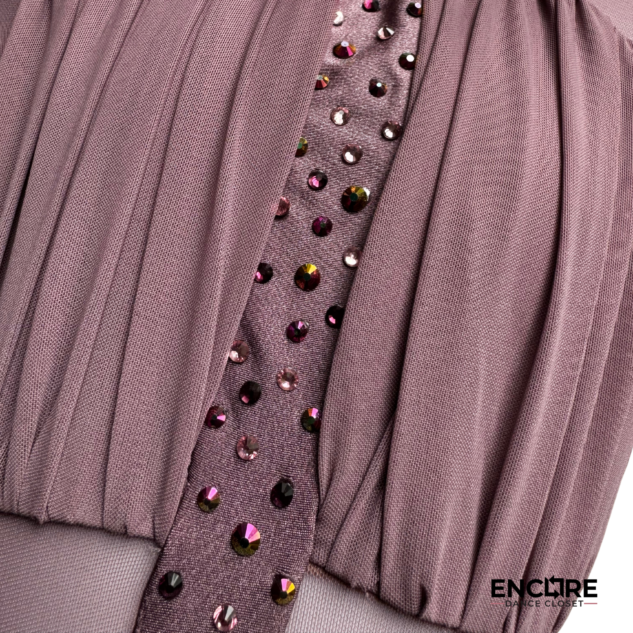 Elegant Mauve Leotard with Mesh and Rhinestones - Encore Dance Closet