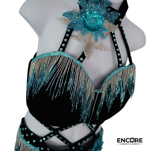 Black Velvet & Turquoise Beaded Fringe Dance Costume  two piece