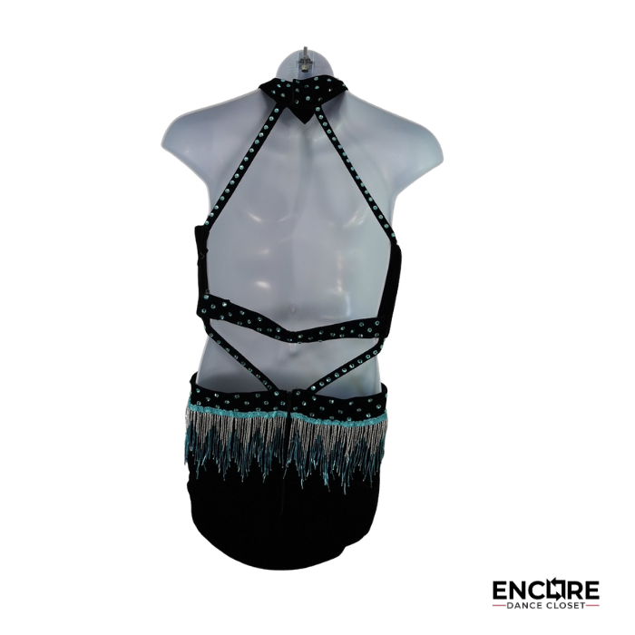Black Velvet & Turquoise Beaded Fringe Dance Costume  two piece